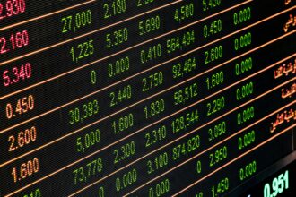 Detailed view of a stock market screen showing numbers and data, symbolizing financial trading.