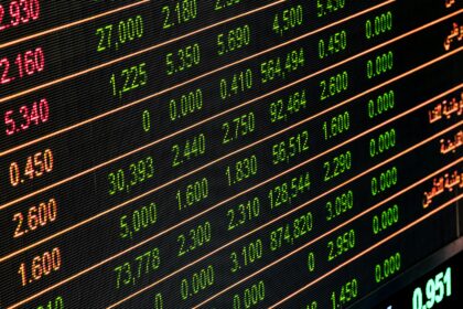 Detailed view of a stock market screen showing numbers and data, symbolizing financial trading.