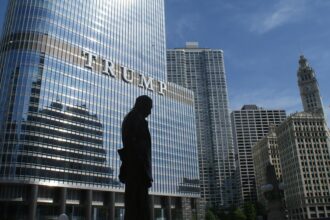 Captivating view of Chicago skyline with Trump Tower reflections and a silhouette in daylight.